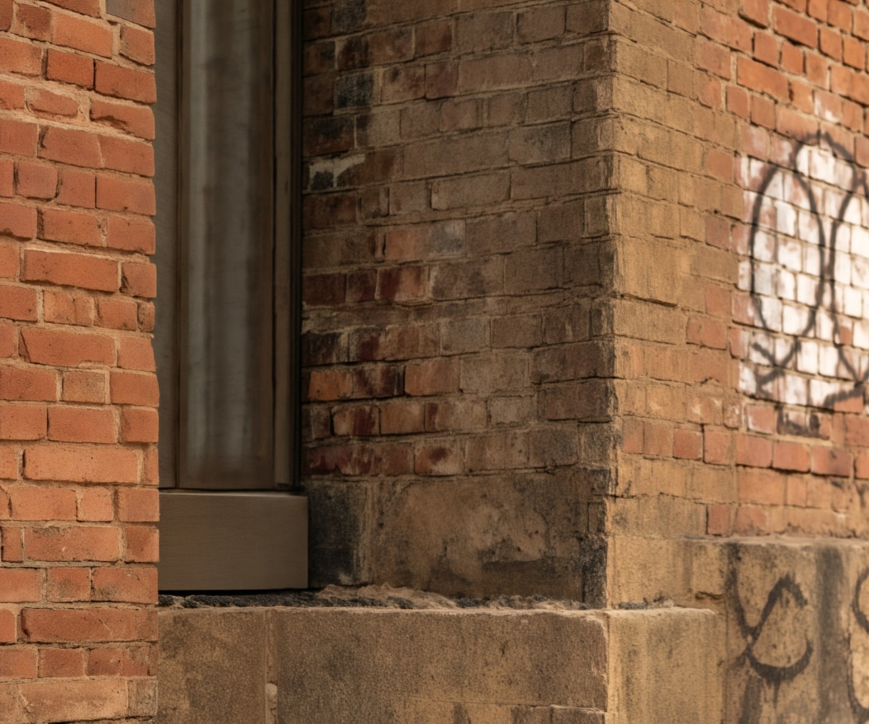 Person wearing a black t-shirt with white text standing in front of a brick wall with graffiti.
